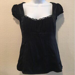 Nanette Lepore 100% Silk Black Blouse with Ruched Bust & Cap Sleeves